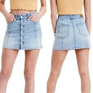 American Eagle Super Stretch Preppy Blue Denim Jean Button Front Mini Skirt 4